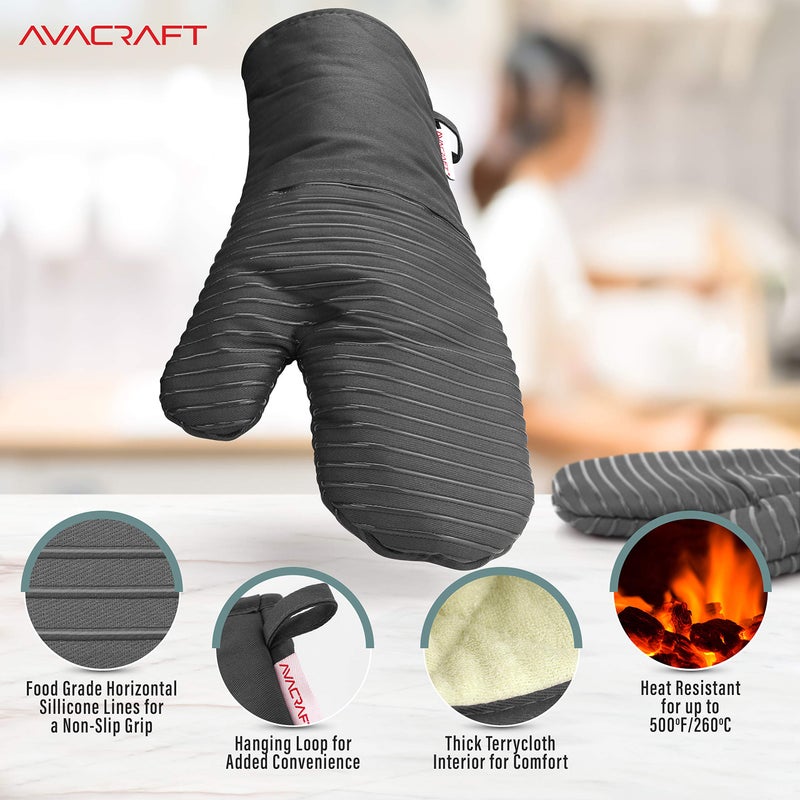 AVACRAFT Oven Mitts Pair, Flexible, 100% Cotton with Unique Heat Resistant Food Grade Silicone, Thick Terry Cloth Interior, 500 F Heat Resistant (Grey Oven Mitts) - Image 5